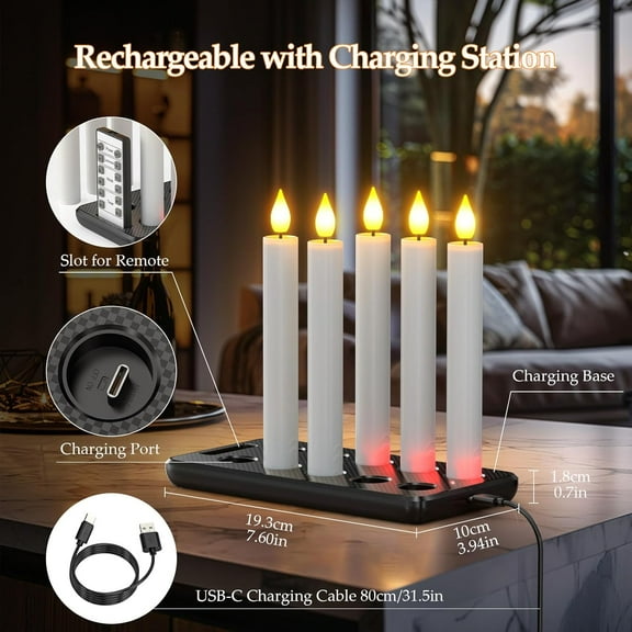 Rechargeable Flameless Taper Candles with Remote Control and Timer - 10 Pack
