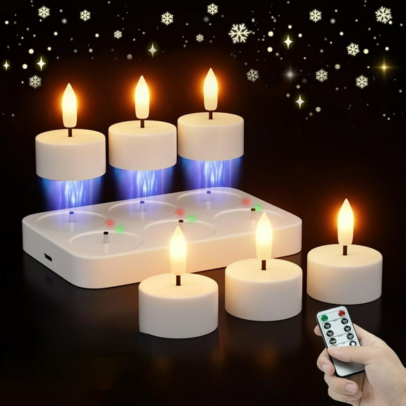 Rechargeable Flameless Tea Lights Candles with Charging Station 6Pcs Battery Tea Lights Candles with Remote & Timer LED Tealight Flickering Realistic for Home Christmas Wedding Decor - White