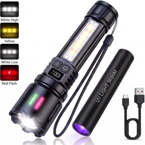 Rechargeable Flashlight with COB Work Light, High Lumen LED Flashlight with Digital Power Display, Dual Switch, IPX6 Waterproof, 3000mAh Battery & Bonus Mini UV Flashlight