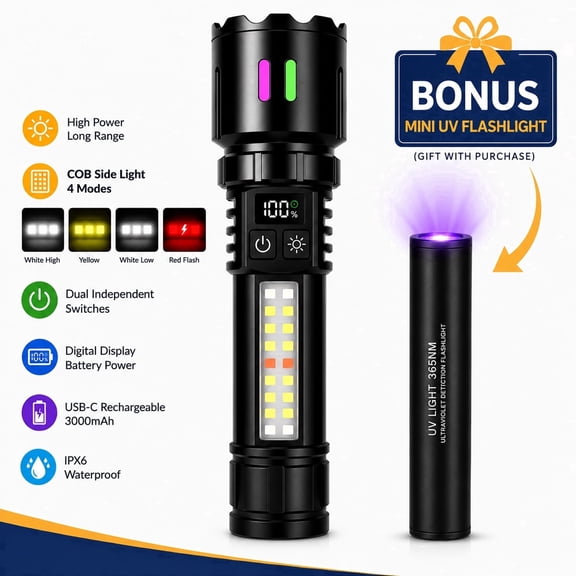 Rechargeable Flashlight with COB Work Light, 130,000 High Lumen LED Flashlight with Digital Power Display, Dual Switch, IPX6 Waterproof, 3000mAh Battery & Bonus Mini UV Flashlight