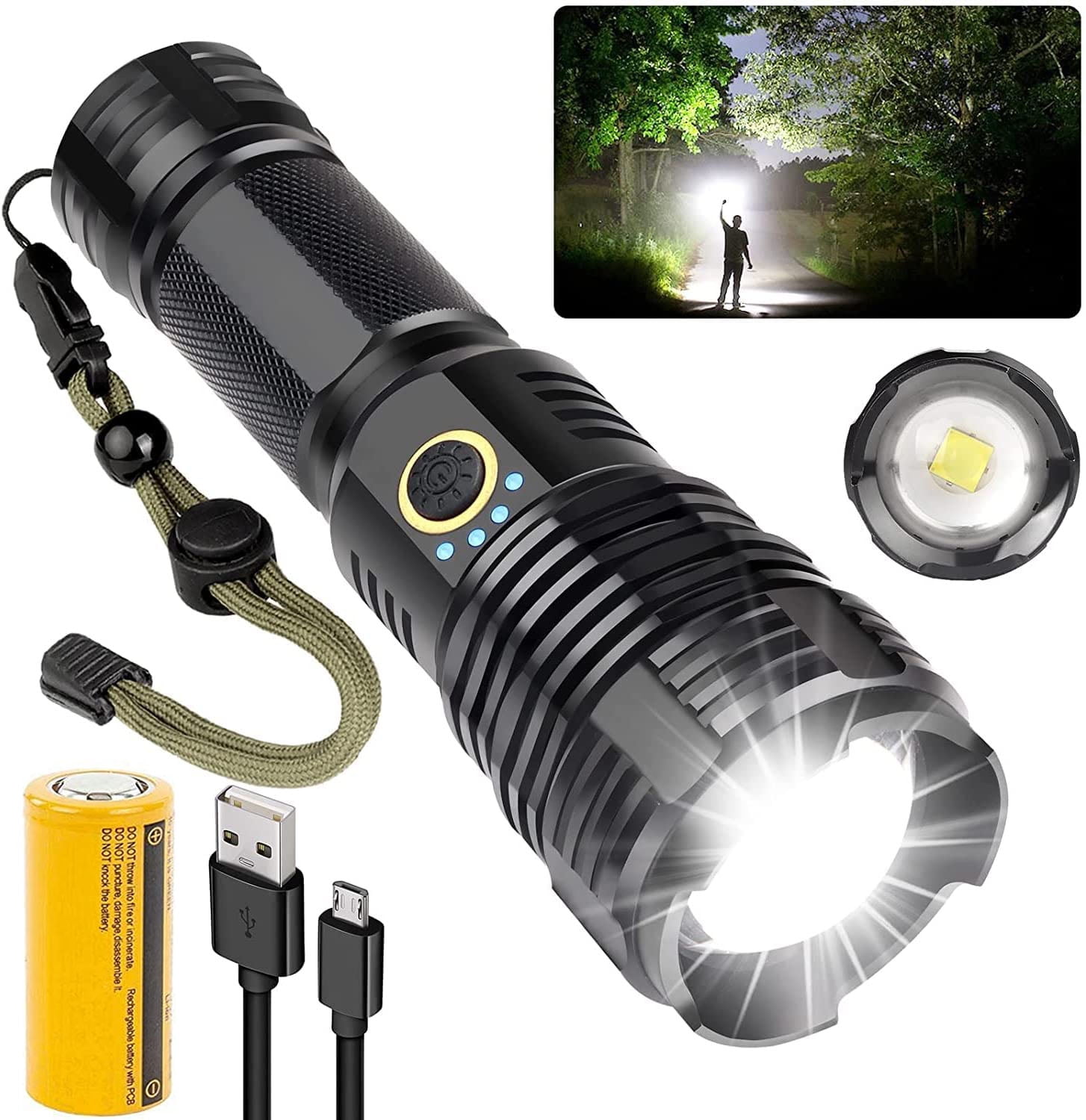 Rechargeable Flashlight High Lumens 90000 Lumen Super Bright LED Flashlight with 5 Modes LED Waterproof Handheld Flashlight for