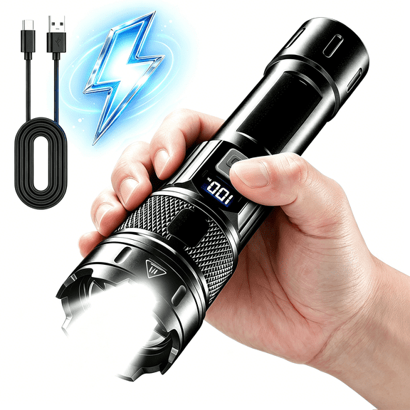 Rechargeable Flashlight High Lumens, Super Bright LED Flash Light with LCD Battery Display, USB C Rechargeable Flashlight, Adjustable Focus Long Range Flashlight for Camping, Outdoor Emergency