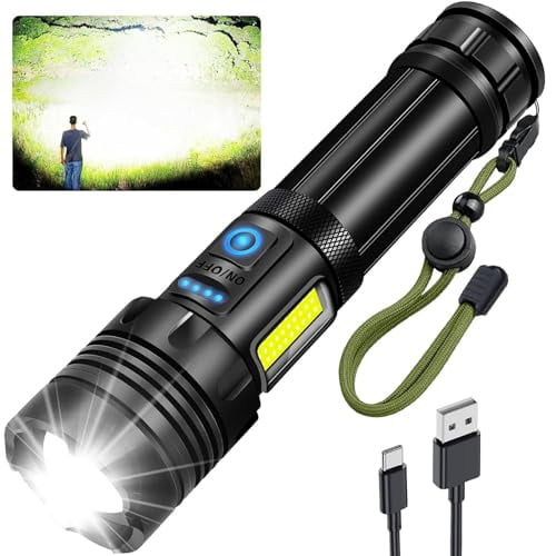 Rechargeable Flashlight,Powerful Led Tactical Flashlights with Zoomable,7 Modes & Cob Light,Ipx7 Waterproof,Brightest Flashlight for Camping,Emergencies,Dog Walking
