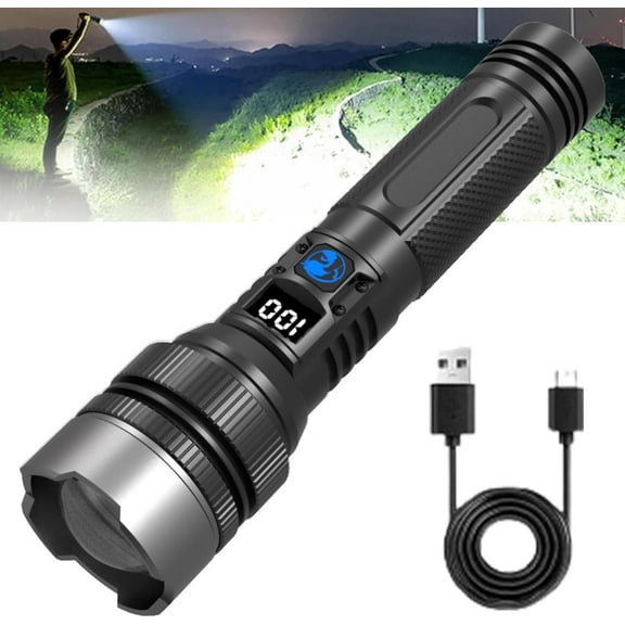 Rechargeable Flashlight, Sky Fire Flashlight with USB Charging, High Lumens Waterproof Torch for Outdoor Camping Emergency Home Use, Three Modes, with Digital Display