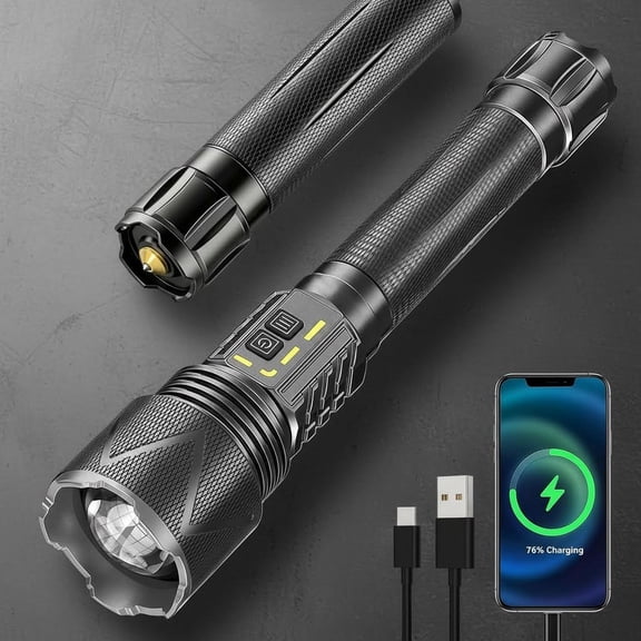 Rechargeable Flashlight, XHP360 LED Super Bright Zoomable with USB Output & Safety Hammer, Dual Powered Tactical Flash Lights for Emergency Hunting Patrol