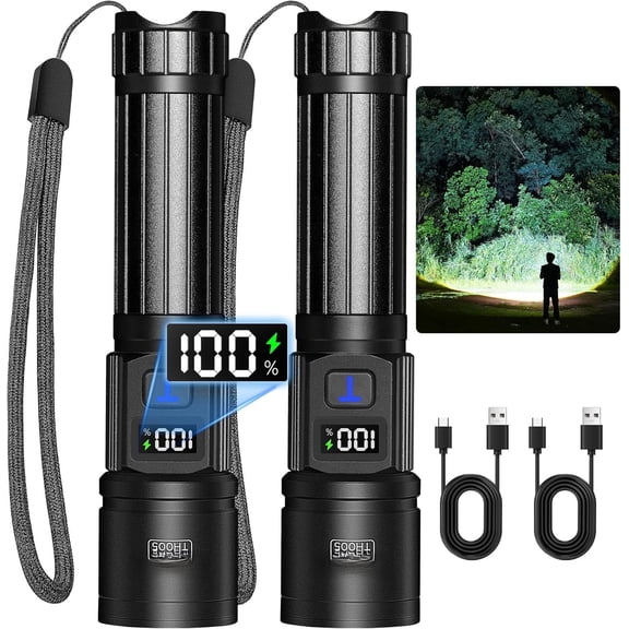 Rechargeable Flashlights 2 Pack, Super Bright High Lumens Flash Light, 5 Modes Zoomable Linternas with LCD Digital Display, Handheld LED Flashlights for Camping