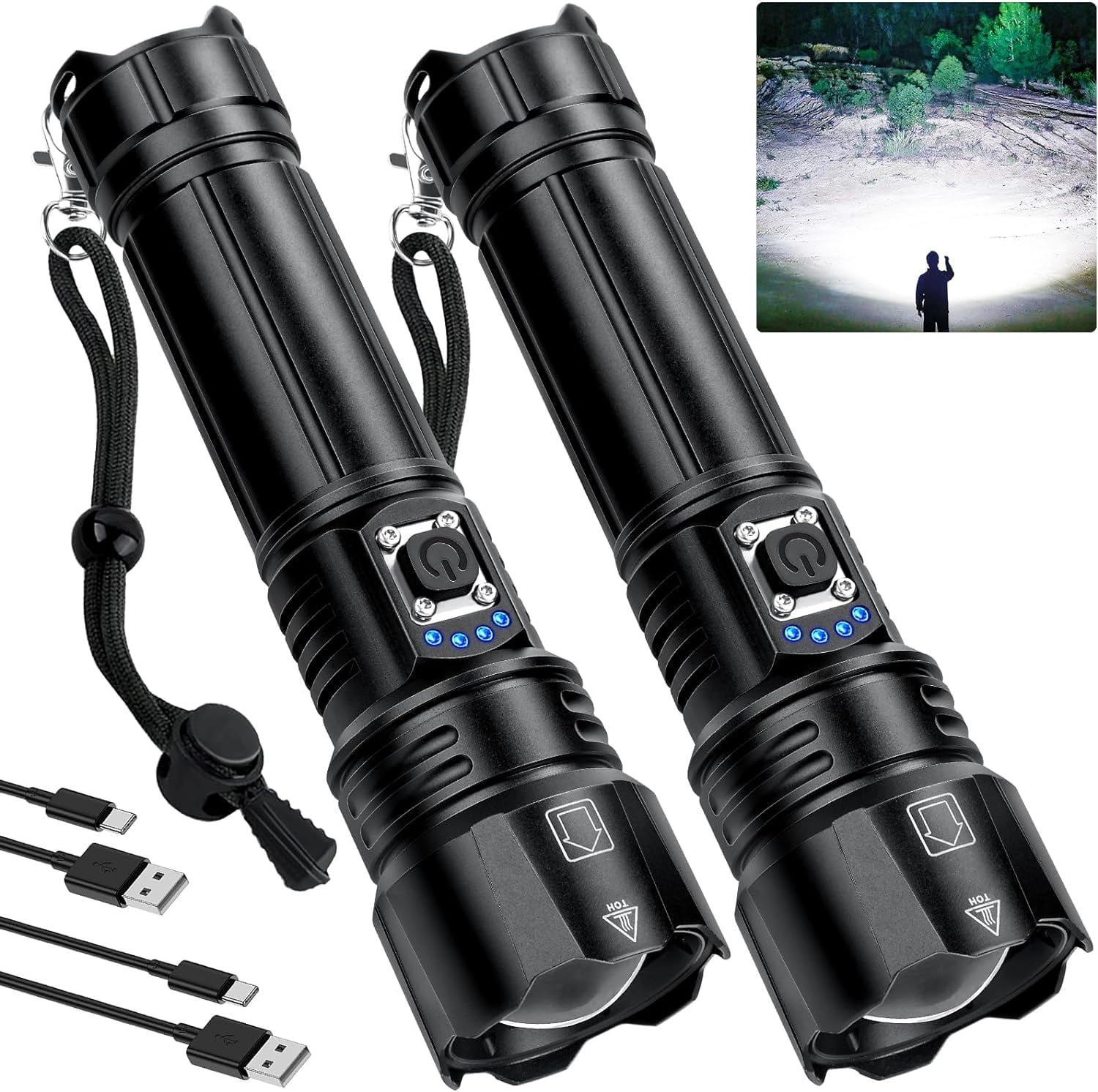 2-cell rechargeable tactical flashlight under 50 SKNSL Rechargeable Flashlights - 2 Pack Super Bright Powerful Flashlight  990,000 High Lumens with 5 Modes - 12H Long Runtime & IPX6 Waterproof  Brightest LED Flash Light for Home Outdoor Camping