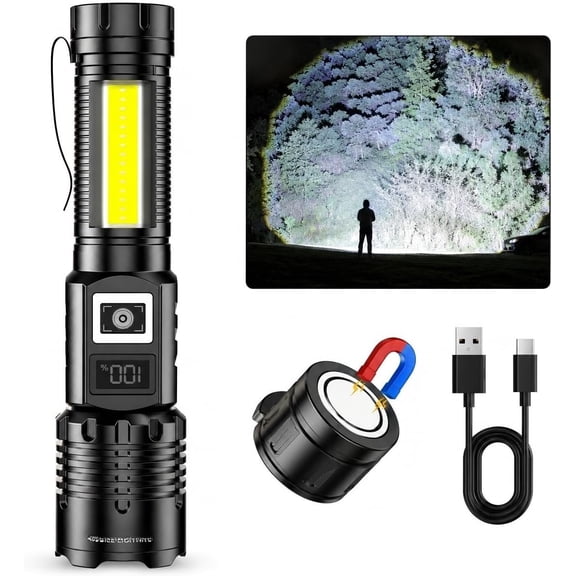 Rechargeable Flashlights 2000 High Lumens Flash Light Super Bright COB Flashlight 5 Modes Zoomable with LCD Digital Display Camping Flash Light (30, Watts)