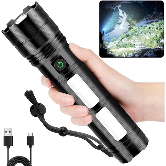 Rechargeable Flashlights 3000 High Lumens, Super Bright Flash Light with 2 Cob Light, High Powered LED Flashlights with 4 Modes, 7200 Ah & 24 Hours, IPX7 Waterproof for Outdoor, Home