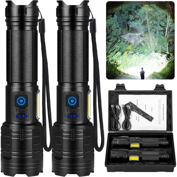 Rechargeable Flashlights 90,000 High Lumens - 2 Pack, Super Bright Flash Light with 7 Lighting Modes, 24H Long Life Powerful Flashlight with Side Light, IPX7 Waterproof Flashlight for Camping Home