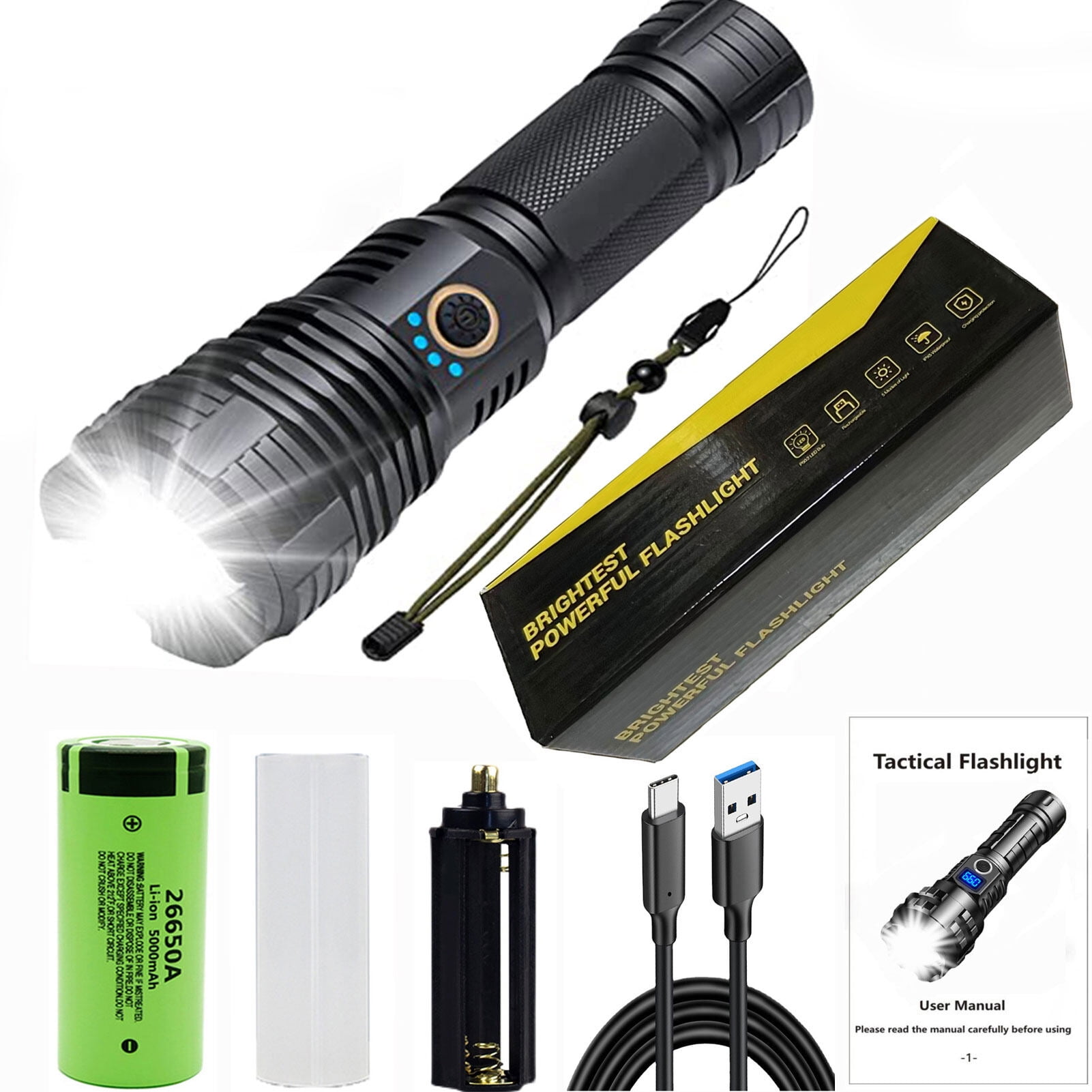 90000 Lumens Powerful Led Flashlight, XHP70.2 Most Powerful Led Flashlight USB Zoom Rechargeable Torch Waterproof For Outdoor Sport