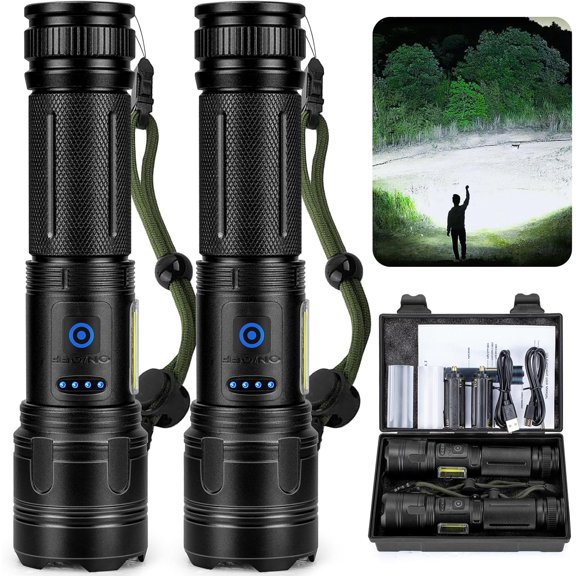 Rechargeable Flashlights,99000 High Lumens LED Flashlight,Super Bright Flashlight with 7 Modes,Cob Side Light,IPX7 Waterproof, Powerful Flash Light for Home, Camping, Hiking(2 Pack)