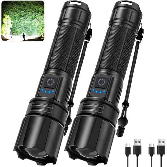 Rechargeable Flashlights 99000 High Lumens, Super Bright LED Flashlight with 15H+ Runtime, 5 Modes IPX7 Waterproof Powerful Handheld Light for Power Outages, Camping, Gifts for Men 2 Pack