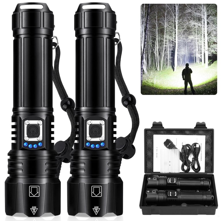 2 led rechargeable flashlights Tughlax High Lumens 2Pack, Super Bright Zoomable Powerful Flashlight with LCD Digital Display, 5 Modes Long Range Tactical Flash Lights for Home Emergency Camping Hunting : Tools & Easily light up an entire room Ggpg 100000 High Lumens Flashlights,Usb
