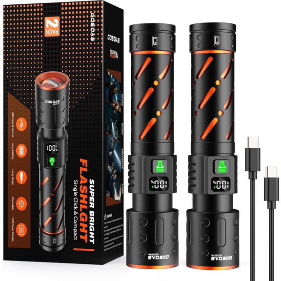 Rechargeable Flashlights High Lumens 10000 2 Pack, Super Bright 30W LED, Long Lasting 12H, Single Click 3 Modes, Multifunctional USB C Input Output LCD Power Display, for Camping Hiking Home
