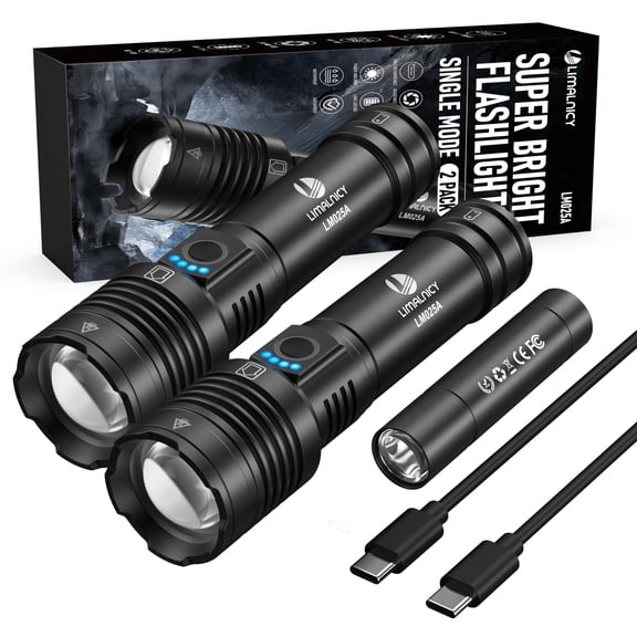 Rechargeable Flashlights High Lumens 10000 Single One Mode - 2 Pack, Super Bright Powerful 30W LED, Long Lasting 12 Hours, USB C Input, Handheld 6.81 Length, for Hiking Home Gift