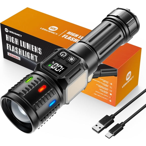 Rechargeable Flashlights High Lumens 10000, Super Bright LED Flash Light Long Lasting USB C LCD Display, Dual Light Source & Buttons with Red Light, for Camping Hiking Emergency Home Gift