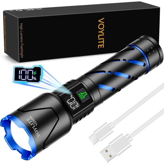 Rechargeable Flashlights High Lumens - 100000 LM, 5000mAh Battery with LCD Display, 3 Modes, Zoomable & IP67 Waterproof - for Camping, Dog Walking, Emergencies
