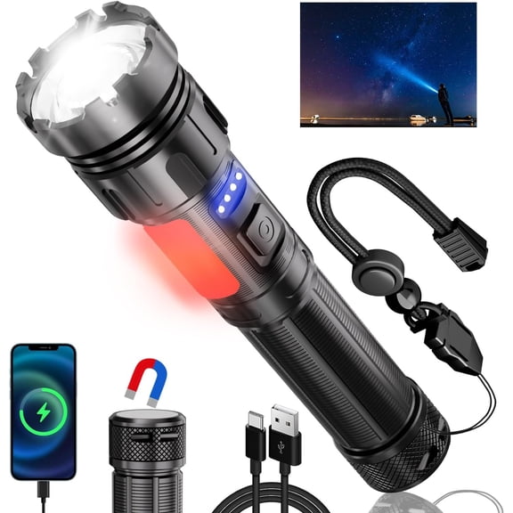 Rechargeable Flashlights High Lumens, 1200.000 LM Super Bright Flashlight 7 Modes Zoomable LED Hands-Free  Inspection Light for  Adults Outdoor Camping Hiking