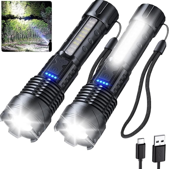Rechargeable Flashlights High Lumens 2 Packs, 980,000L Tactical Led Flash Light High Powered, Super Bright Zoomable flashlight with 7 Modes, Cob Side Light, Adjustable Flash lights for Home Emergency