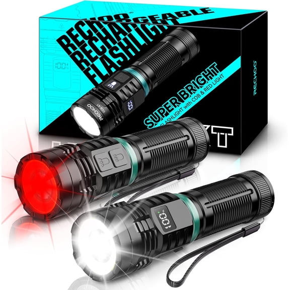 Rechargeable Flashlights High Lumens, 2-in-1 Dual-Switch LED Flashlight Rechargeable, Fixed Foucs, 8 Lighting Modes Waterproof COB Red Light Flashlight for Camping, Hunting, Emergency, Gifts for Men