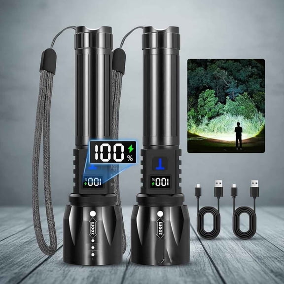 Rechargeable Flashlights High Lumens 2Pack, 5Mode Flash Light with LCD Digital Display, Super Bright Adjustable Tactical Flashlight, High Powered LED Handheld Flashlight