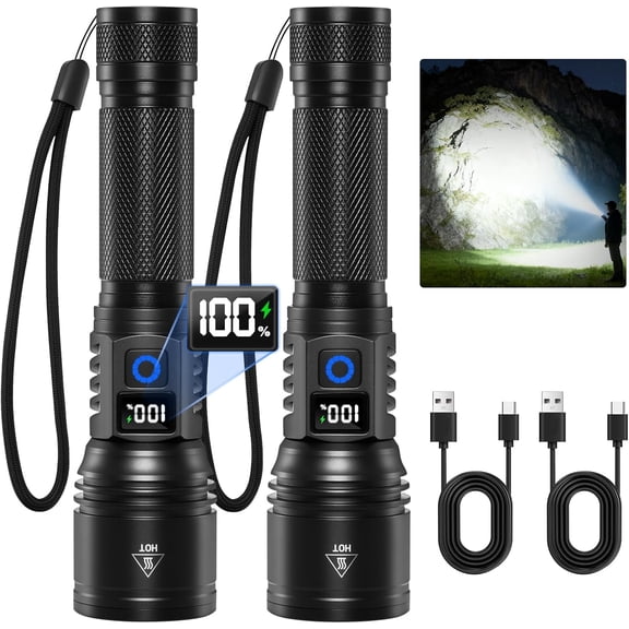 Rechargeable Flashlights High Lumens, 2Pack Super Bright Flashlight Rechargeable, LED Powerful, Handheld Tactical Flash Lights for Home Emergencies Camping Essentials, Gifts Men