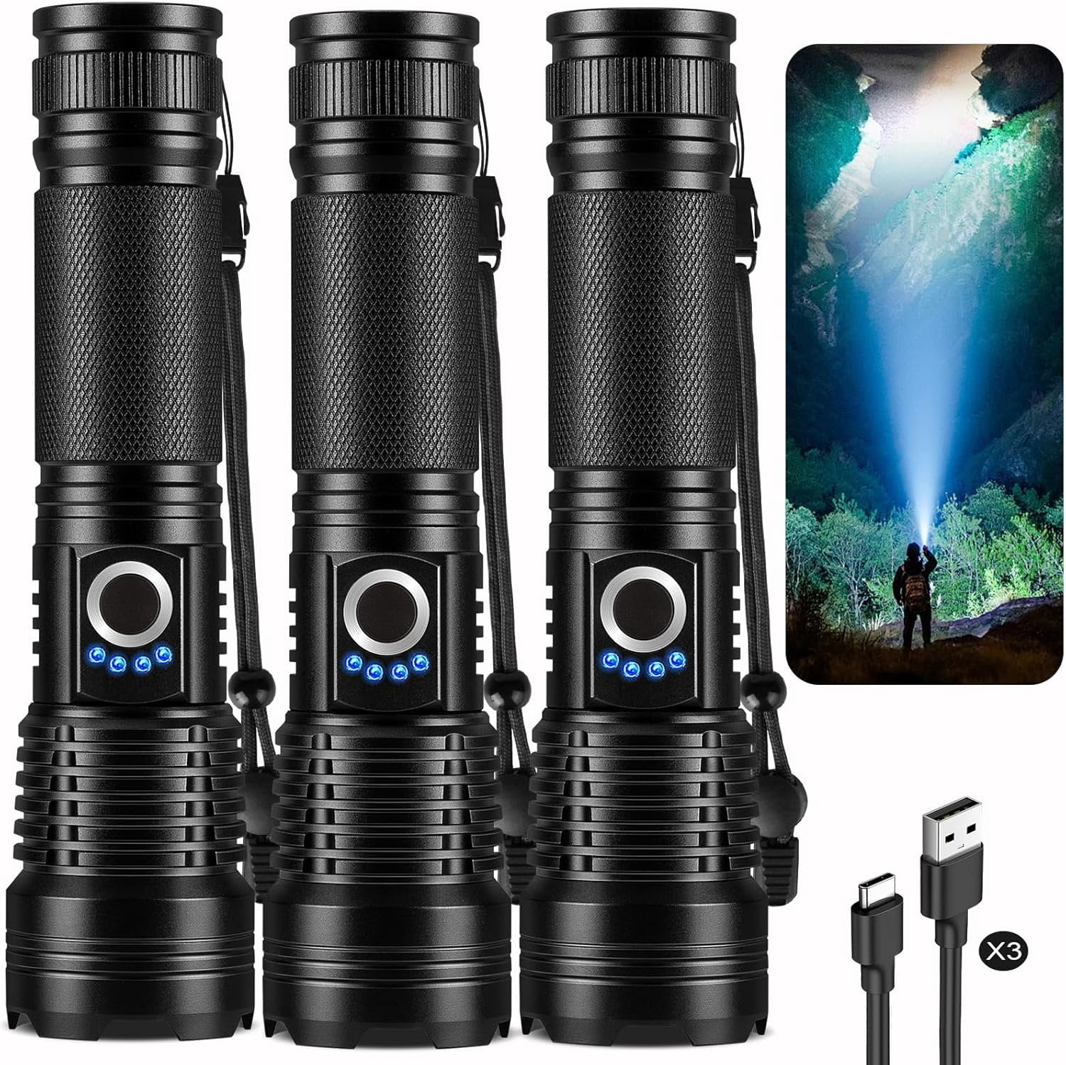 Rechargeable Flashlights High Lumens 3 Packs, 99,000 Lumens Super Bright LED Flash Light with 5 Modes Adjustable LED Flashlight, High  Flashlight for  Camping Outdoor