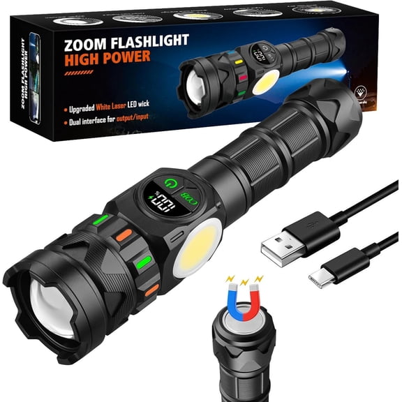 Rechargeable Flashlights High Lumens 5000 Long Distance, Super Bright LED Flash Lights with COB Sidelight USB C LCD Display,  Light Source & Buttons with Red Light, for Camping Hiking