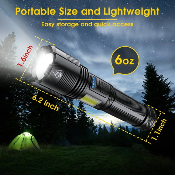 Rechargeable Flashlights High Lumens, IPX6, 6 Modes, 90000 Lumen USB Chargeable LED Tactical Flashlight with Cob Sidelight, Emergency Waterproof Powerful Flashlight for Camping, Battery Built-in