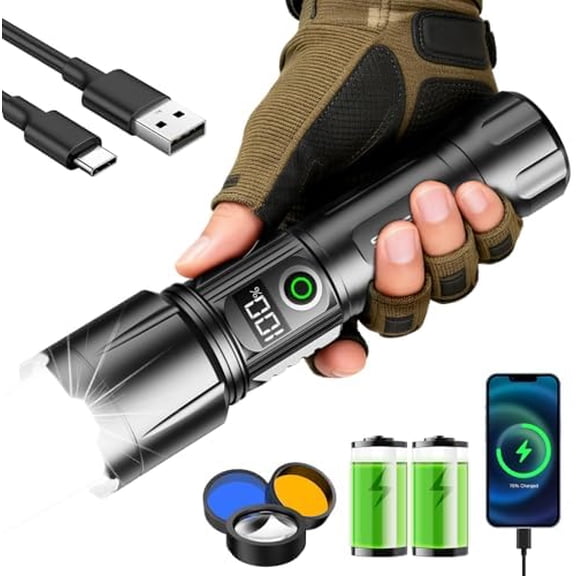 Rechargeable Flashlights High Lumens with Ignition Lens&White Yellow Blue Light,10000mAh Super Bright Flashlight,Zoomable,Five Modes, LED Flash Light for Camping,Outdoor and Home Emergencies