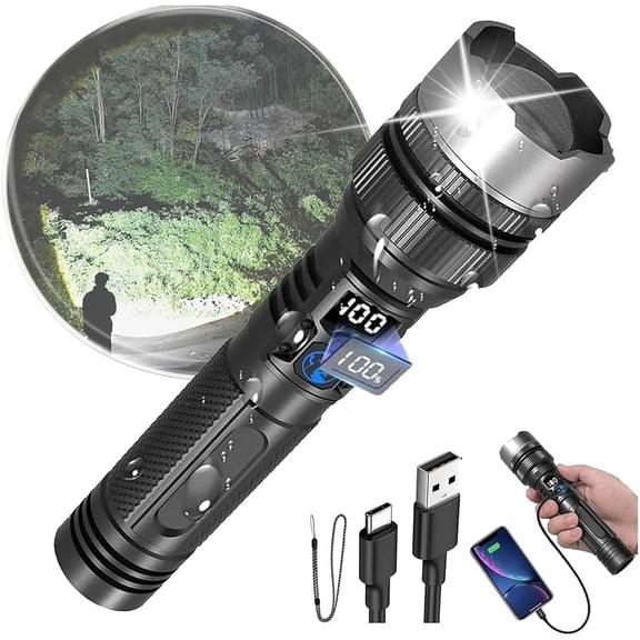 Rechargeable Flashlights High Lumens,LED Rechargeable Flash Light, Zoomable IPX7 Waterproof, 2-in-1 High Lumens, Power Bank and Digital Display, for Outdoor,Camping,Emergency Multi-Scenario