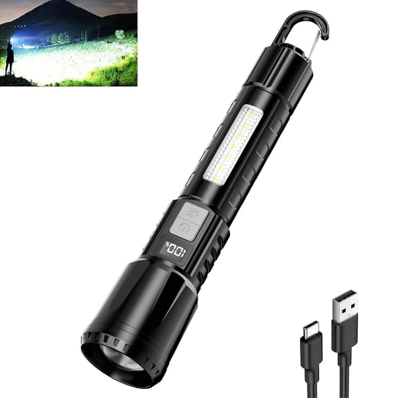 Skdwakiz Rechargeable High Lumen LED Flashlights with COB Sidelight and Hook, 6 Modes Zoomable Super Bright Flashlight for Home, Emergency, Camping