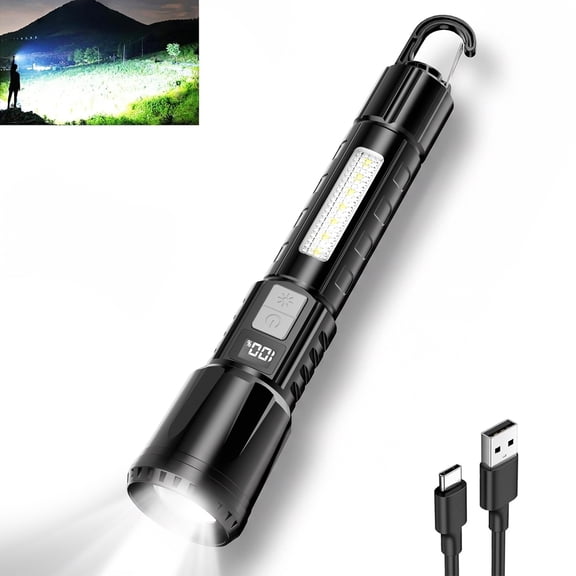 Skdwakiz Rechargeable 10000 High Lumen LED Flashlights with COB Sidelight and Hook, 6 Modes Zoomable Super Bright Flashlight for Home, Emergency, Camping