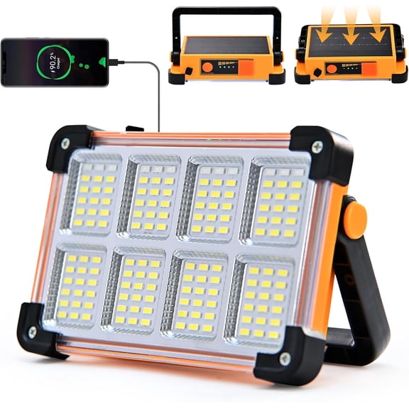 Rechargeable Flood Light - 10000LM LED Portable Work Light with Stand, 6600MAh Job Site Flashlight Spotlight for Car Repair,Camping, Emergency - Solar Hand Held Lamp IP66 Waterproof 4 Modes - Yellow
