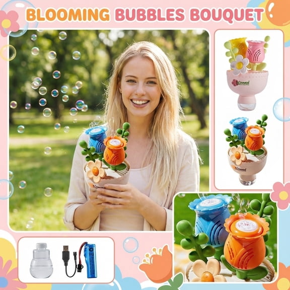 Rechargeable Flower Bubble Machine for Kids W/LED Lights , Fun Bubble Maker Machine Blower Blaster Toys,Outdoor Summer Play, Easter, Birthday Party Favors & Gifts