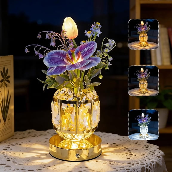 Rechargeable Flower Crystal Table Lamp, 3-Color Dimmable Small Night Light, Cordless Touch Sensor Bedside Decor, Artificial Orchid Lights for Bedroom, Gift for Mom Women - Purple