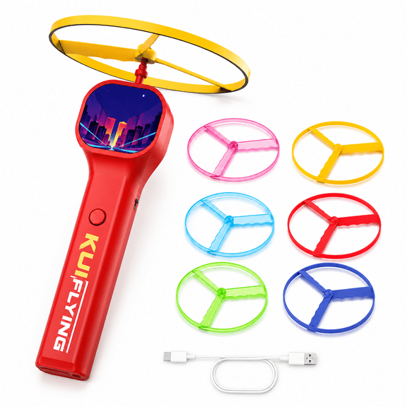 Rechargeable Flying Cat Toy, Cat Flying Disc Launcher Toy for Indoor Cats, Interactive Cat Fetch Toy with 6 Flying Discs, 3 Luminous & 3 Classic Spinners, USB Charging Cable, Red