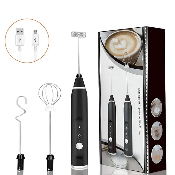 Black Handheld Milk Frother Wand for Coffee, Rechargeable Electric Whisk with 3 Heads 3 Speeds Drink Mixer Coffee Frother For Latte, Cappuccino, Hot Chocolate, Egg