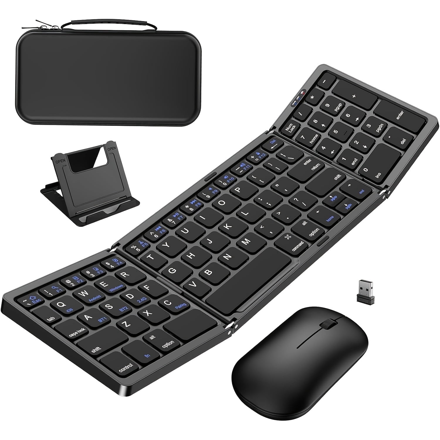 Rechargeable Foldable Keyboard with 2.4G Wireless + Bluetooth Mouse Combo, Folding Wireless Keyboard and Mouse with Portable Case for Windows, iOS, Android, macOS PC/Laptop/Tablet