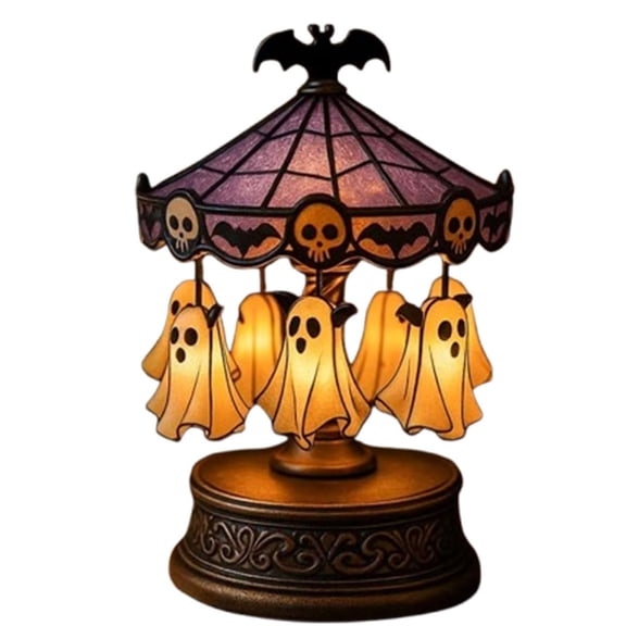 Rechargeable Ghost Carousel Night Light - Vintage Stained Glass Halloween Lamp with Bats Skeletons, Indoor Halloween Decor for Bedroom Home Kitchen