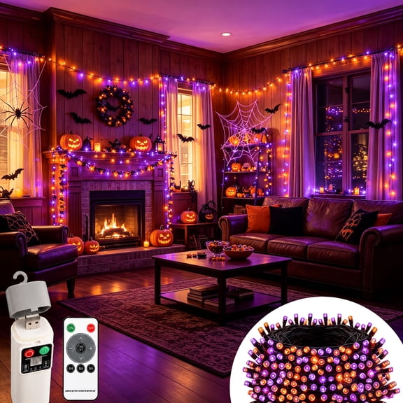 Rechargeable Halloween String Lights Battery Operated, 42.65 FT 120 LED Orange,Purple Fairy Lights with Remote & Timer, USB Recharge Halloween Decorations Lights for Indoor Outdoor Bedroom Spooky Par