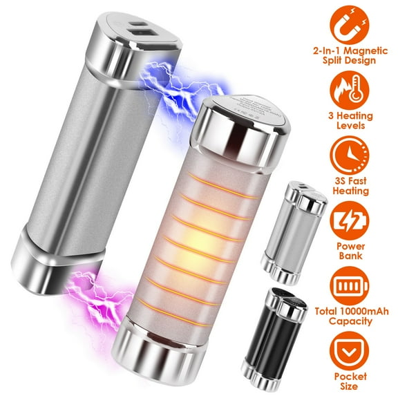 Rechargeable Hand Warmers Rechargeable, 10000mAh Split-Magnetic 2 Pack, 3 Levels Electric Reusable Hand Warmers, Power Bank, for Outdoors, Golf, Camping, Skiing, Silver