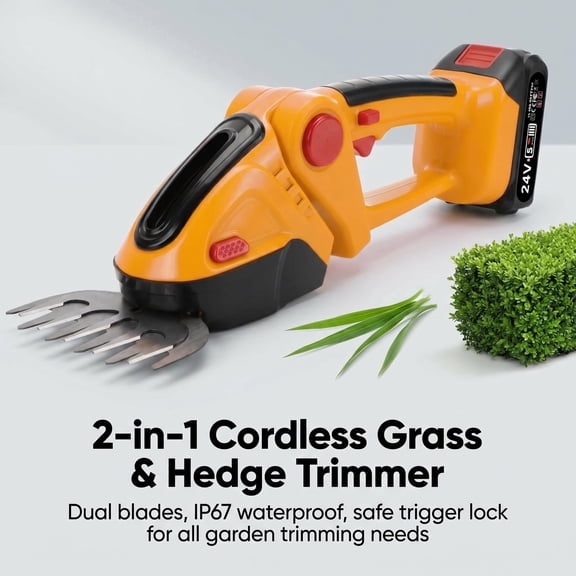 Rechargeable Handheld Electric Hedge & Grass Trimmer, 24V Battery Powered 2-in-1 Pruning Shears, Heavy-Duty ABS IP67 Waterproof Mini Grass Shear with Safety Lock for Backyard Lawn Shrub Maintenance