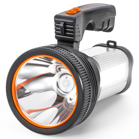 Rechargeable Handheld LED Tactical Flashlight with Side Light, 5 Lighting Modes, Waterproof Spotlight Torch with Handle,Power Bank Function, Super Bright for Outdoor, Emergency (Silver-White Light)