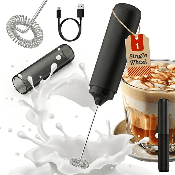 Rechargeable Handheld Milk Frother, One-Touch Electric Foam Maker with Protective Cover, USB Charging Coffee Whisk for Latte, Matcha, Hot Chocolate, Black