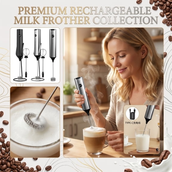 Rechargeable Handheld Milk Frother, Stainless Steel Electric Whisk for Coffee, Lattes, Matcha, Hot Chocolate, Portable Frother for Home Kitchen Office and Travel