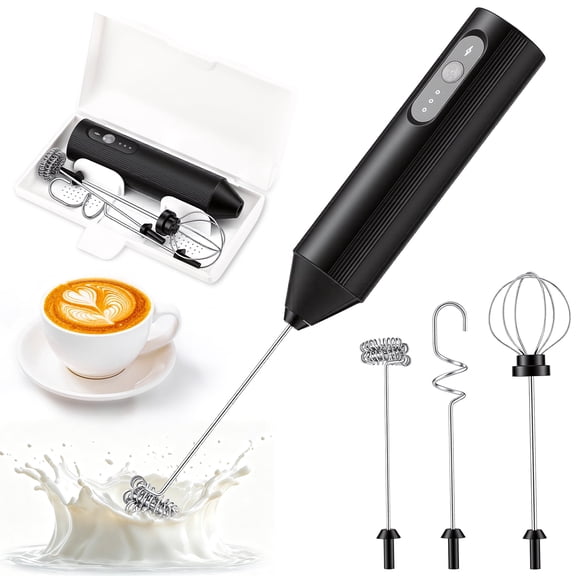 Rechargeable Milk Frother Handheld, 3 Stainless Steel Whisks & 3 Speeds, USB-C Charging with Storage Case, Drink Mixer for Coffee, Latte, Cappuccino, Matcha