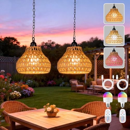 Rechargeable Hanging Pendant Lights, 2 Pack Battery Operated Outdoor Chandelier with Remote, No Wiring for Outdoor Patio, Gazebo, Porch Decor$$Tools & Hardware Other