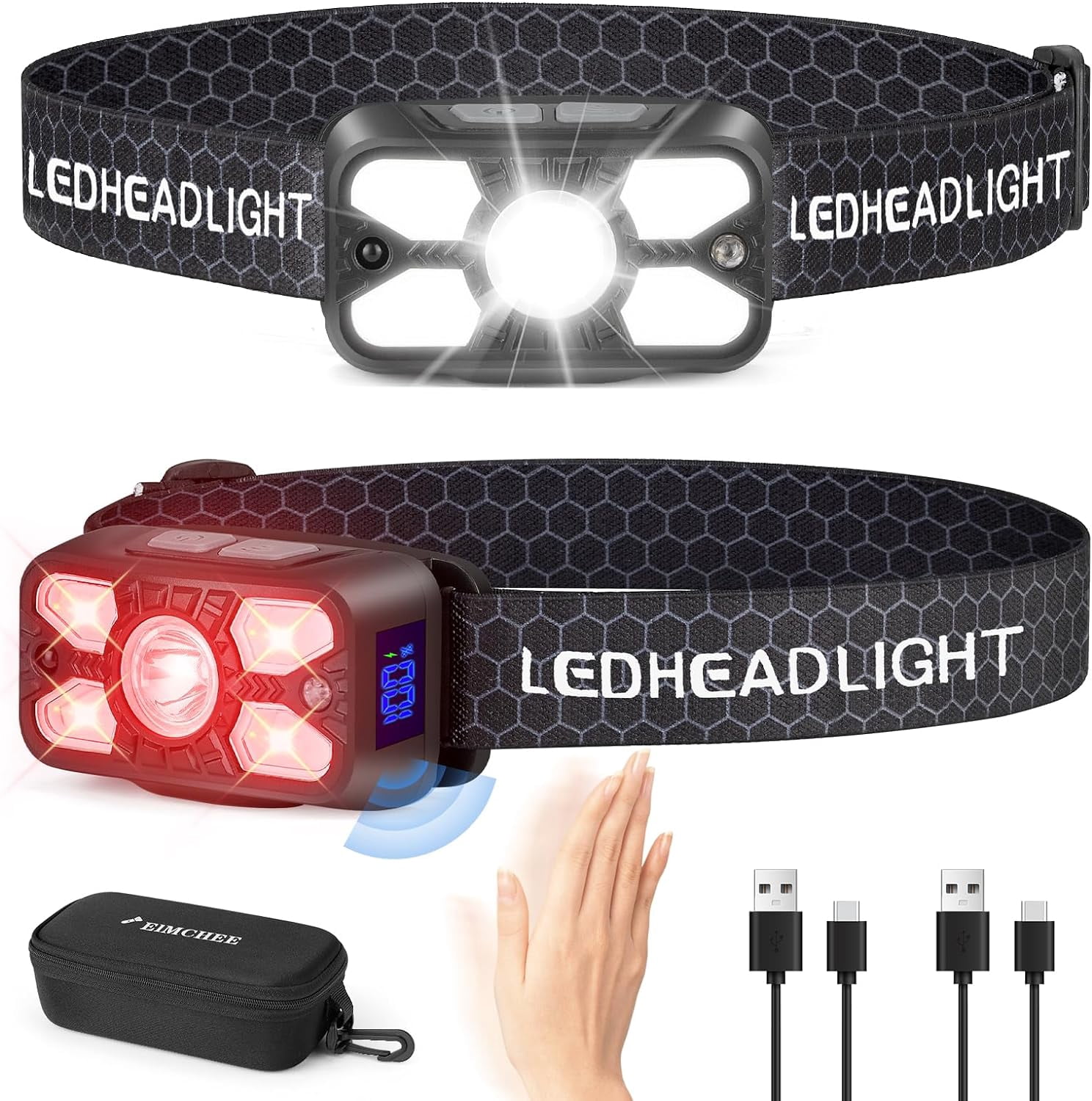 Rechargeable Headlamp 2 Pack, 2500 Lumen Bright 5 LED Headlight, 7 Modes Adjustable Motion Sensor, USB-C Waterproof Head Flashlight, Outdoor Hiking Camping Fishing (5 Led Headlamp)